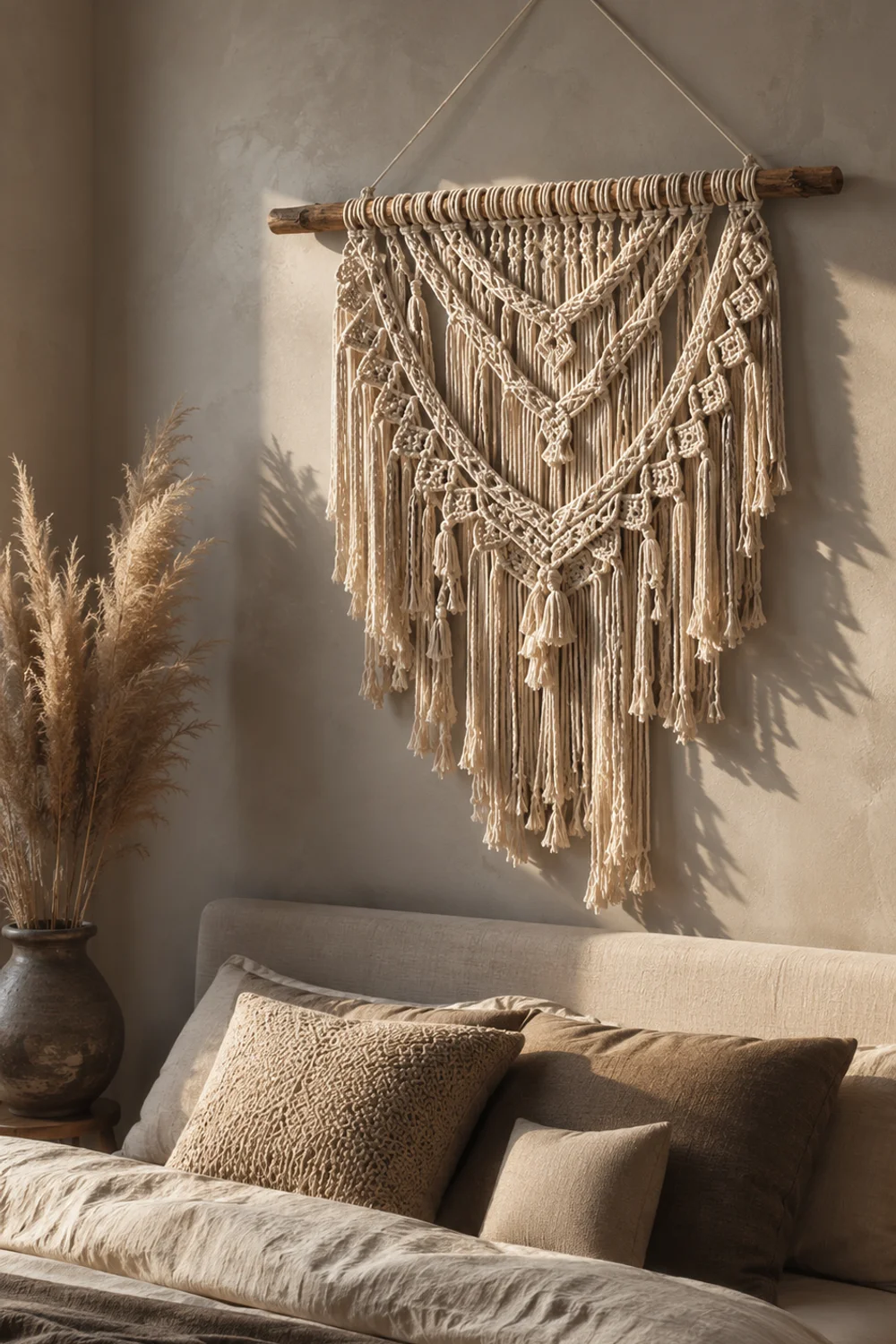 Handwoven macrame wall hanging above a low bed headboard in natural cotton cord
