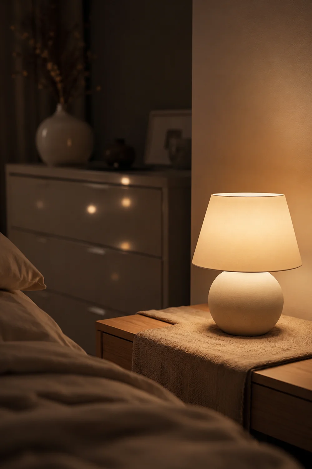 Matte ceramic table lamp glowing evenly beside a glossy dresser reflecting light in the background
