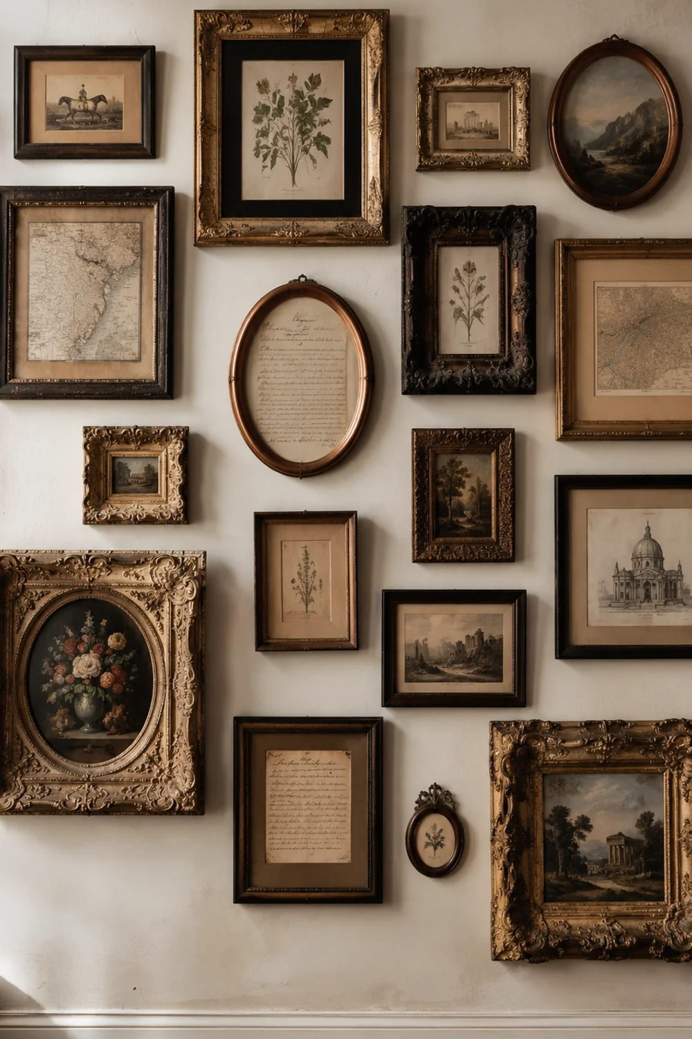 Gallery wall of mismatched antique gilt and wood picture frames above a bedroom console