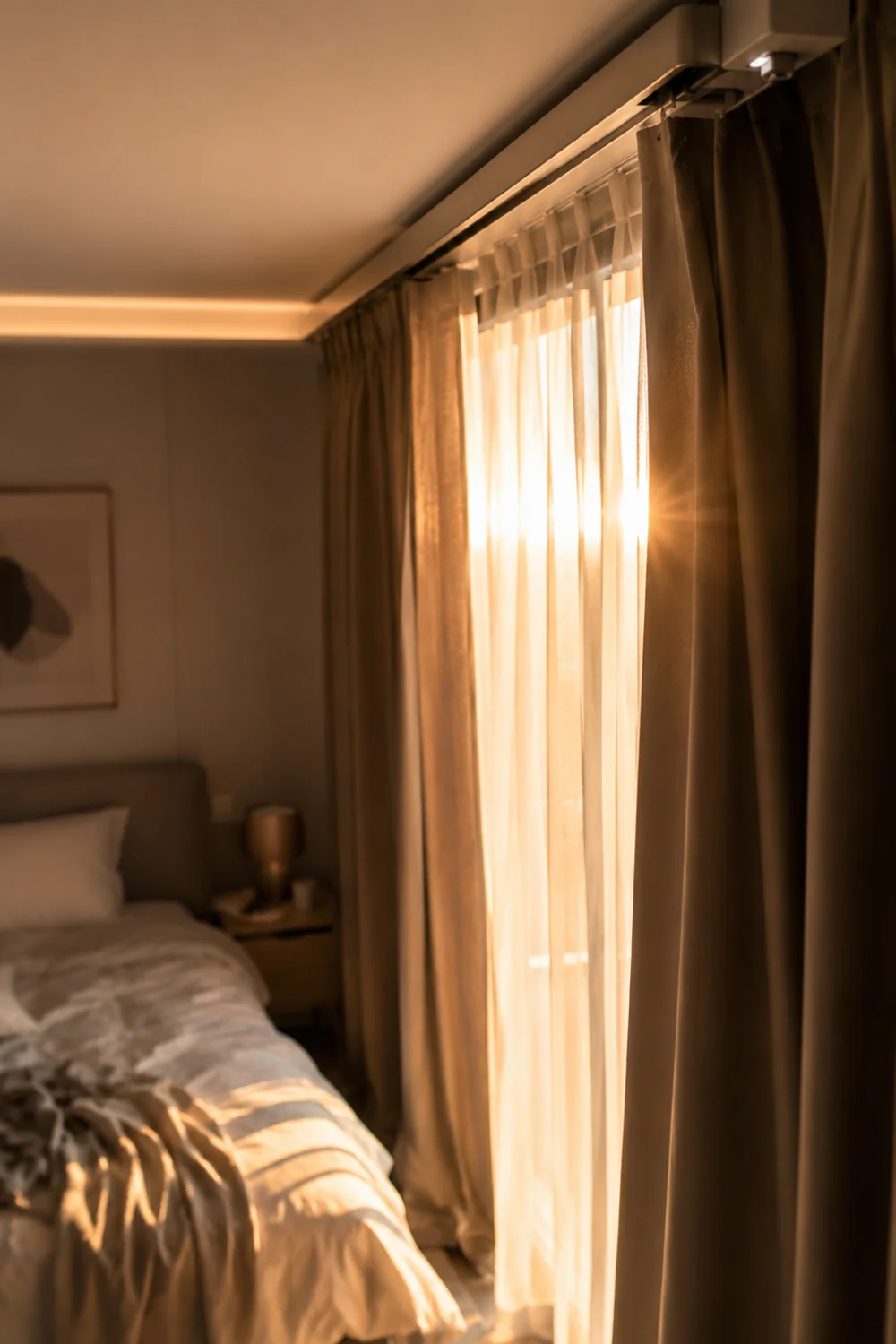 Motorized curtain track opening blackout layer to let in morning sunlight in bedroom
