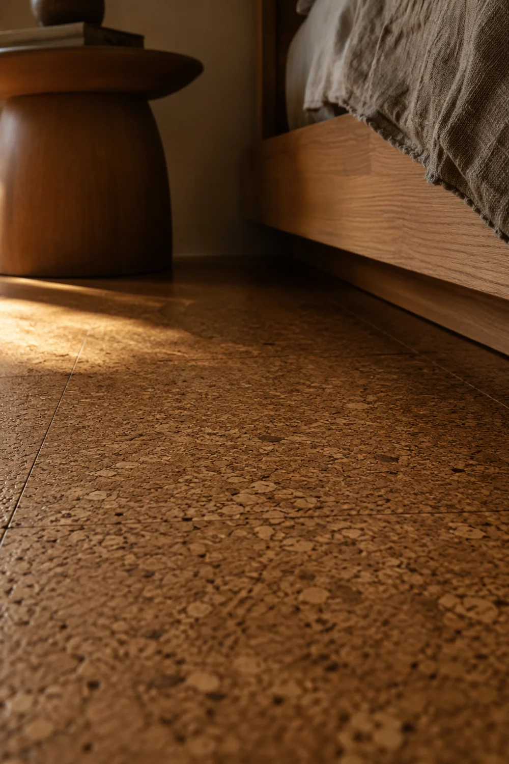 Natural cork flooring tile accent area beside a low bed