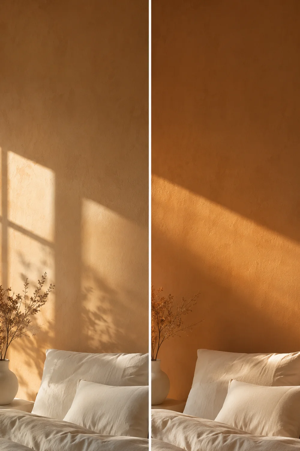 Muted ochre clay-toned accent wall behind a low bed in warm natural light