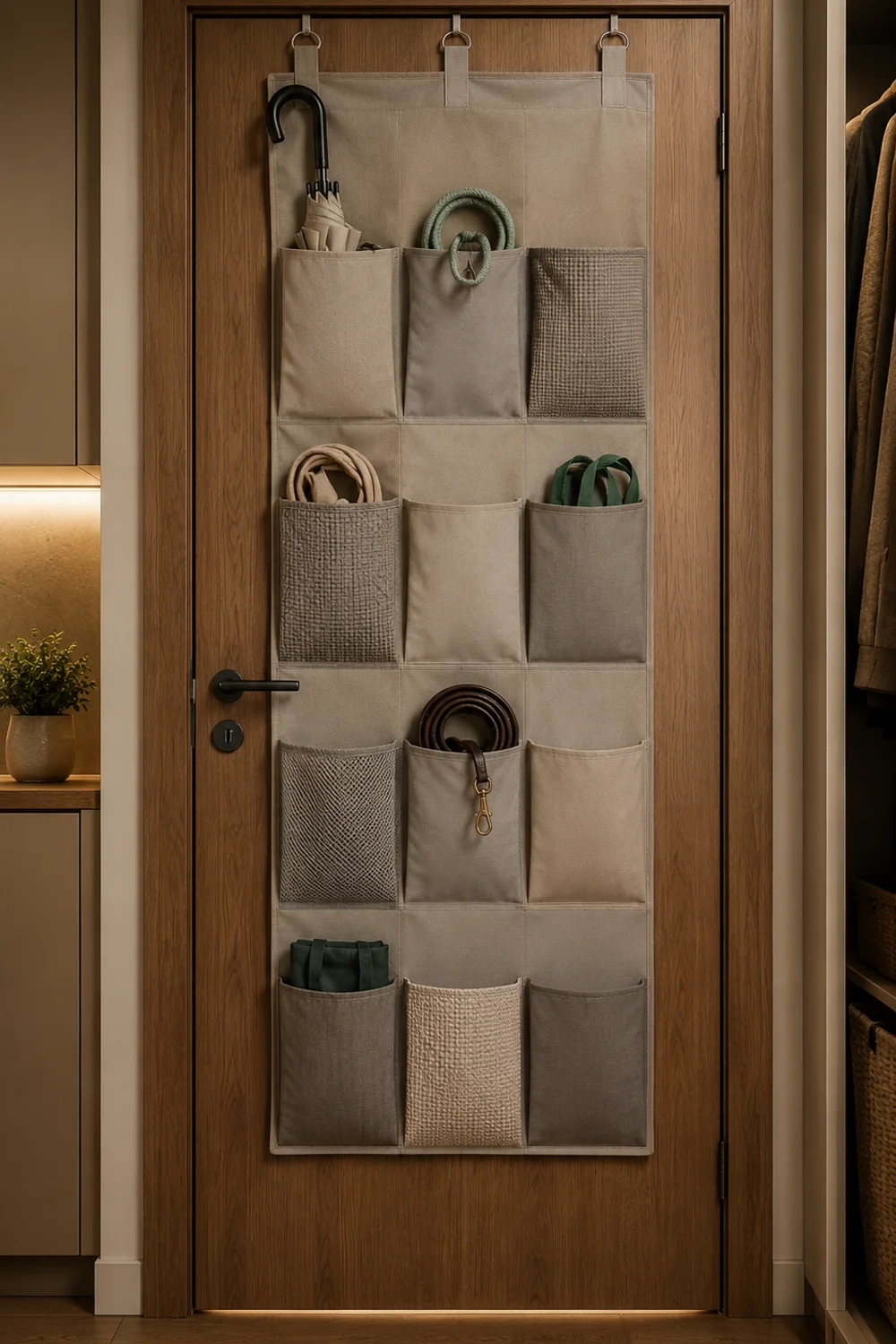 Over-the-door fabric organizer with pockets holding bags and accessories
