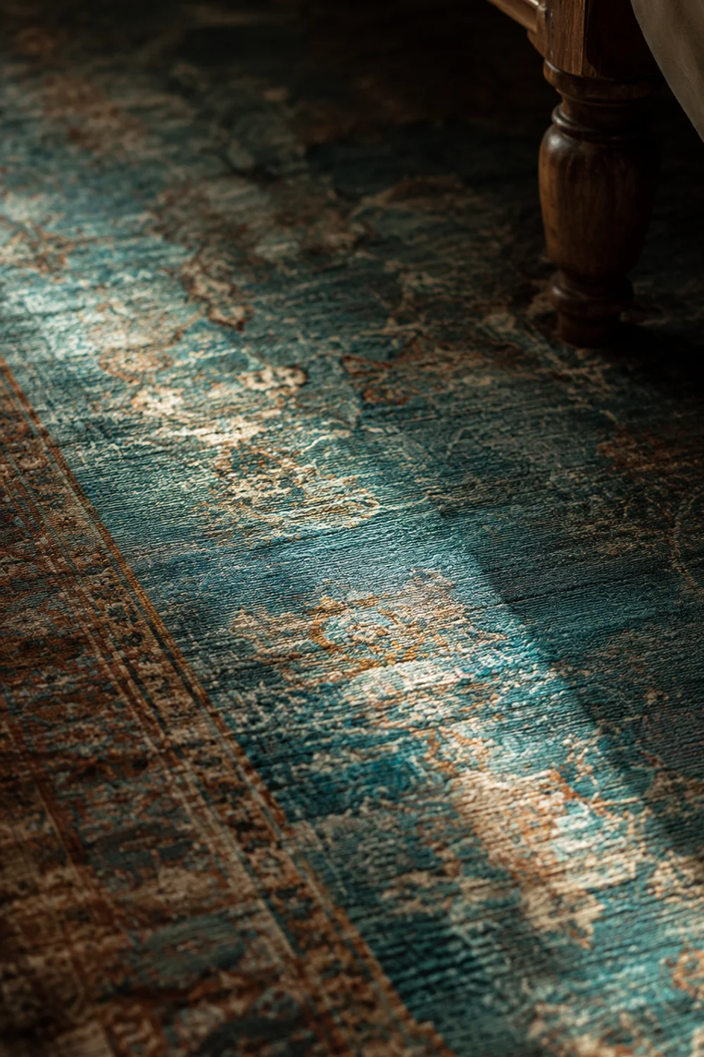 Close-up texture of an overdyed rust and indigo Turkish rug with faded pattern showing through