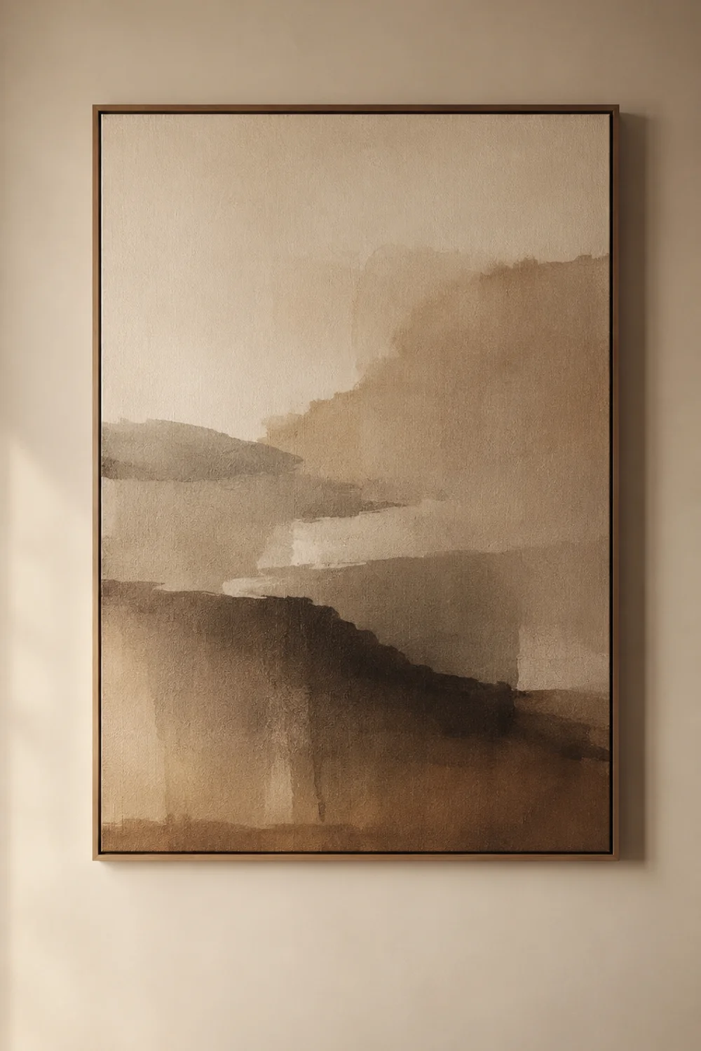 Large-format abstract linen-textured art print on a bedroom wall