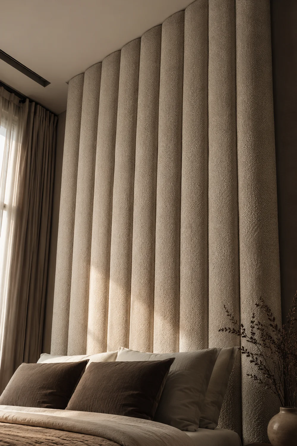 Oversized curved channel-tufted bouclé headboard in bedroom