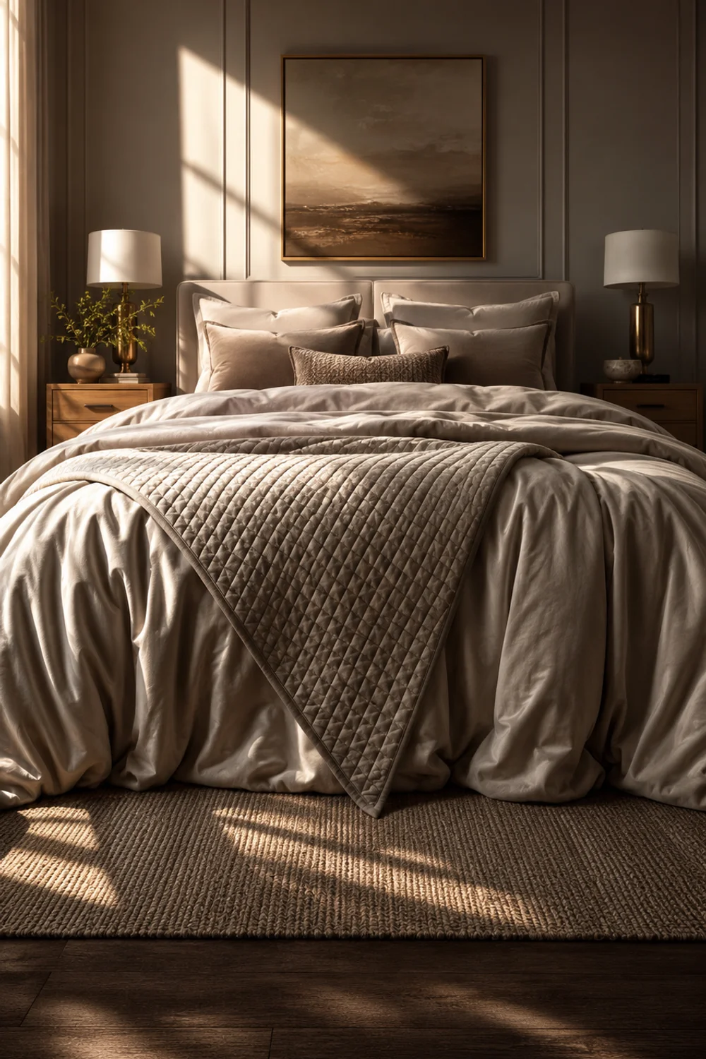 Generously draped duvet with deep overhang and folded diamond-stitch coverlet at foot of bed