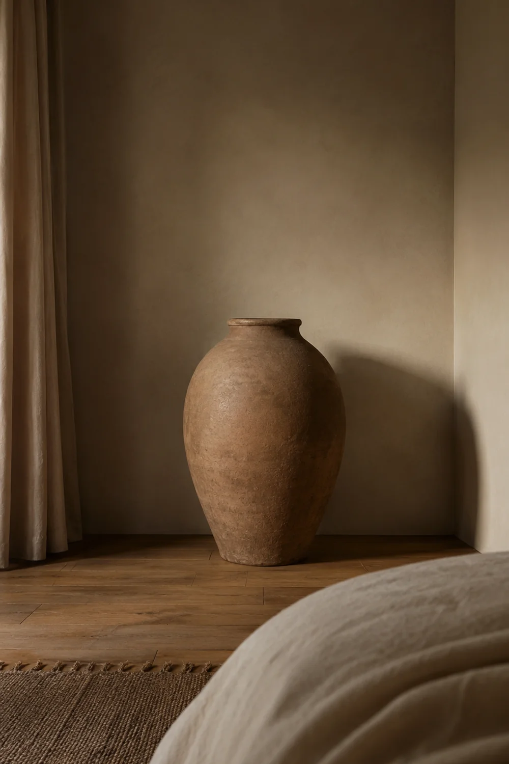Oversized raw clay floor urn standing alone in a bedroom corner