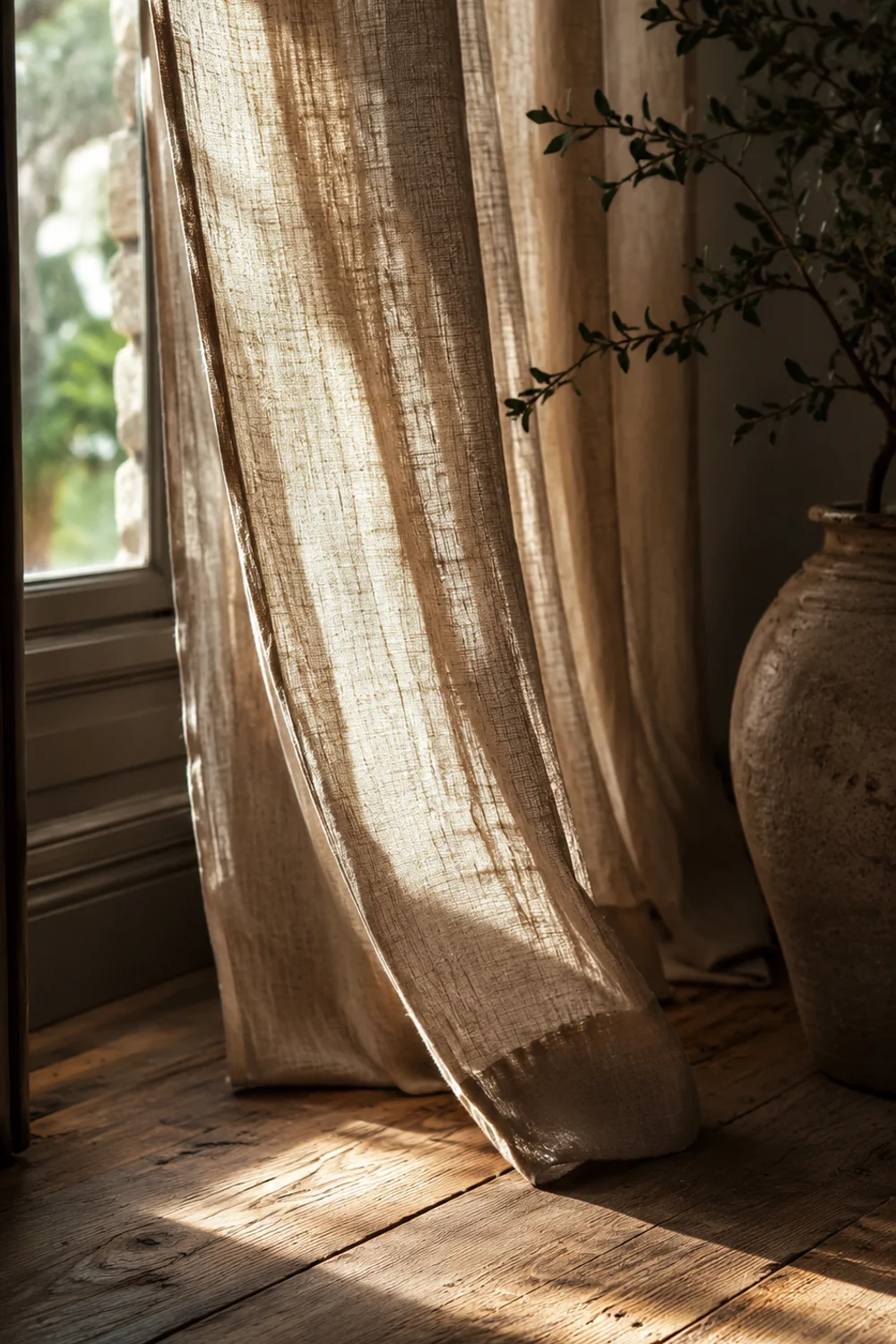 Unlined raw-weave linen curtains filtering warm afternoon light in a bedroom