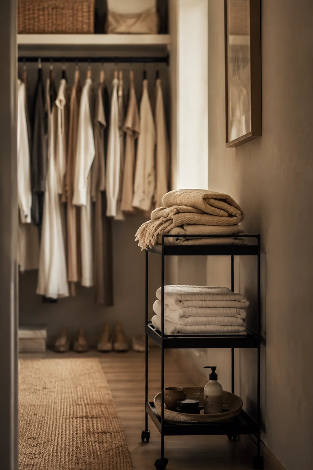 Three-tier bar cart repurposed as closet storage for folded linens