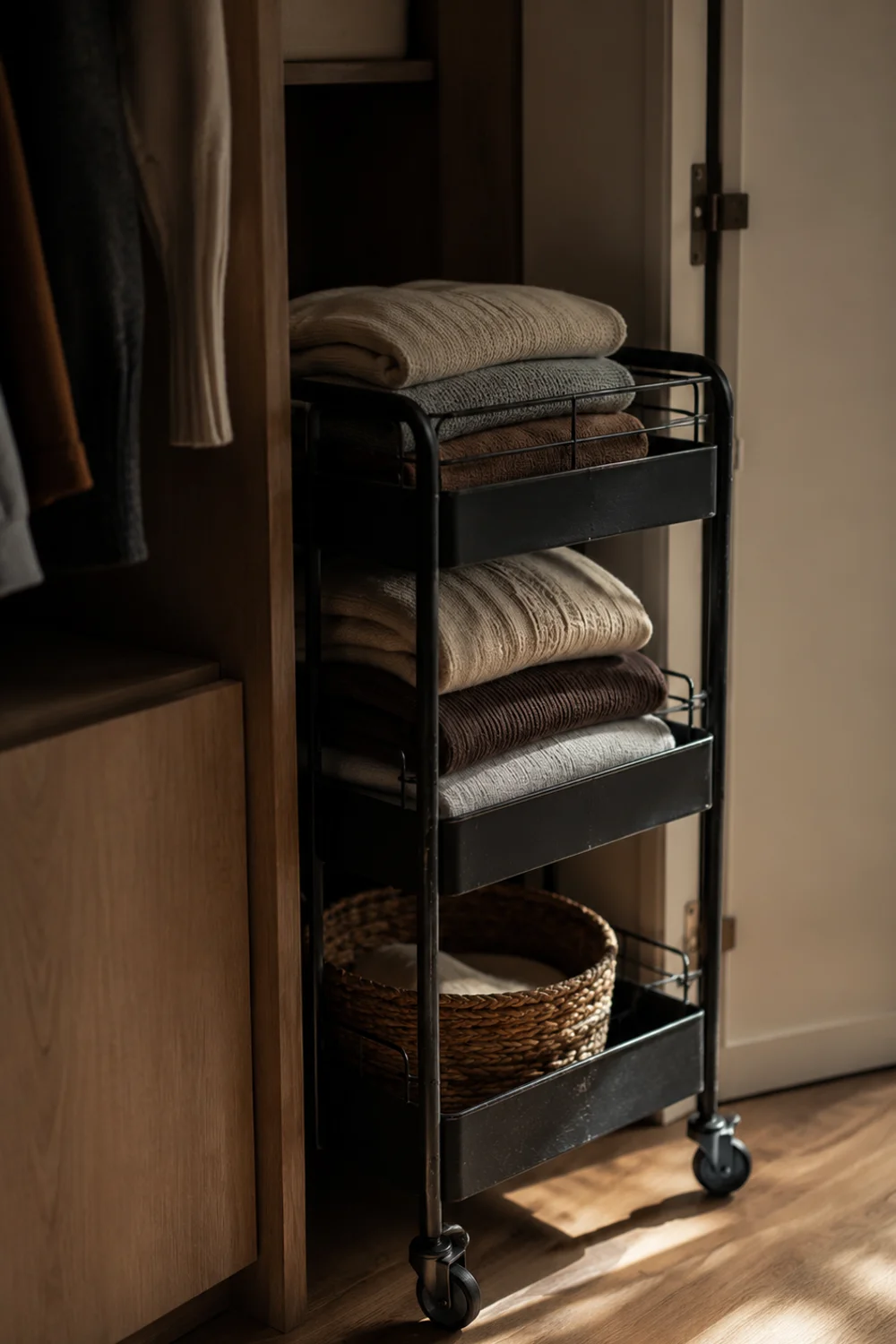 Slim rolling storage cart tucked into an unused closet corner