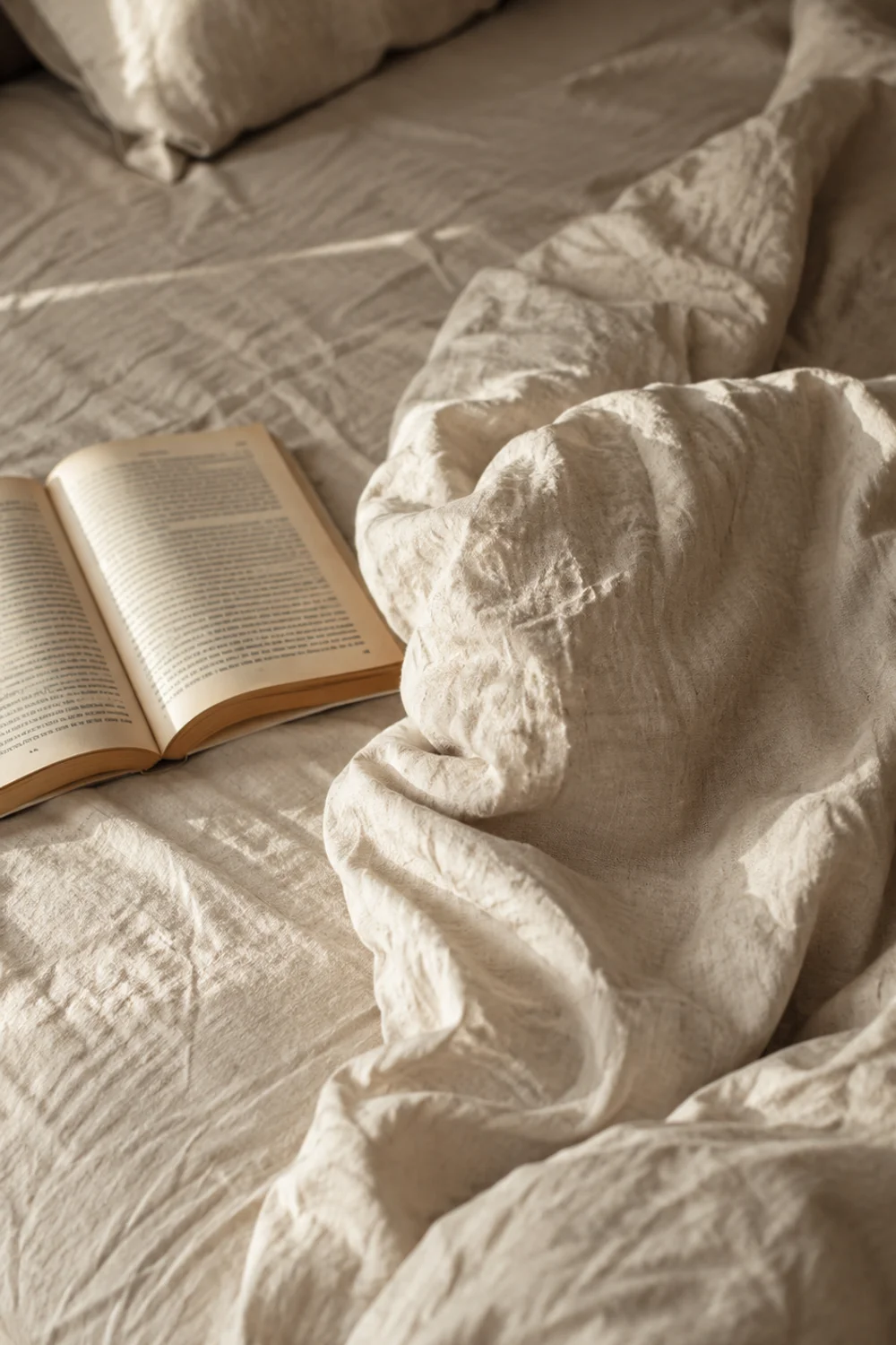 Deliberately rumpled linen duvet with open book on bed