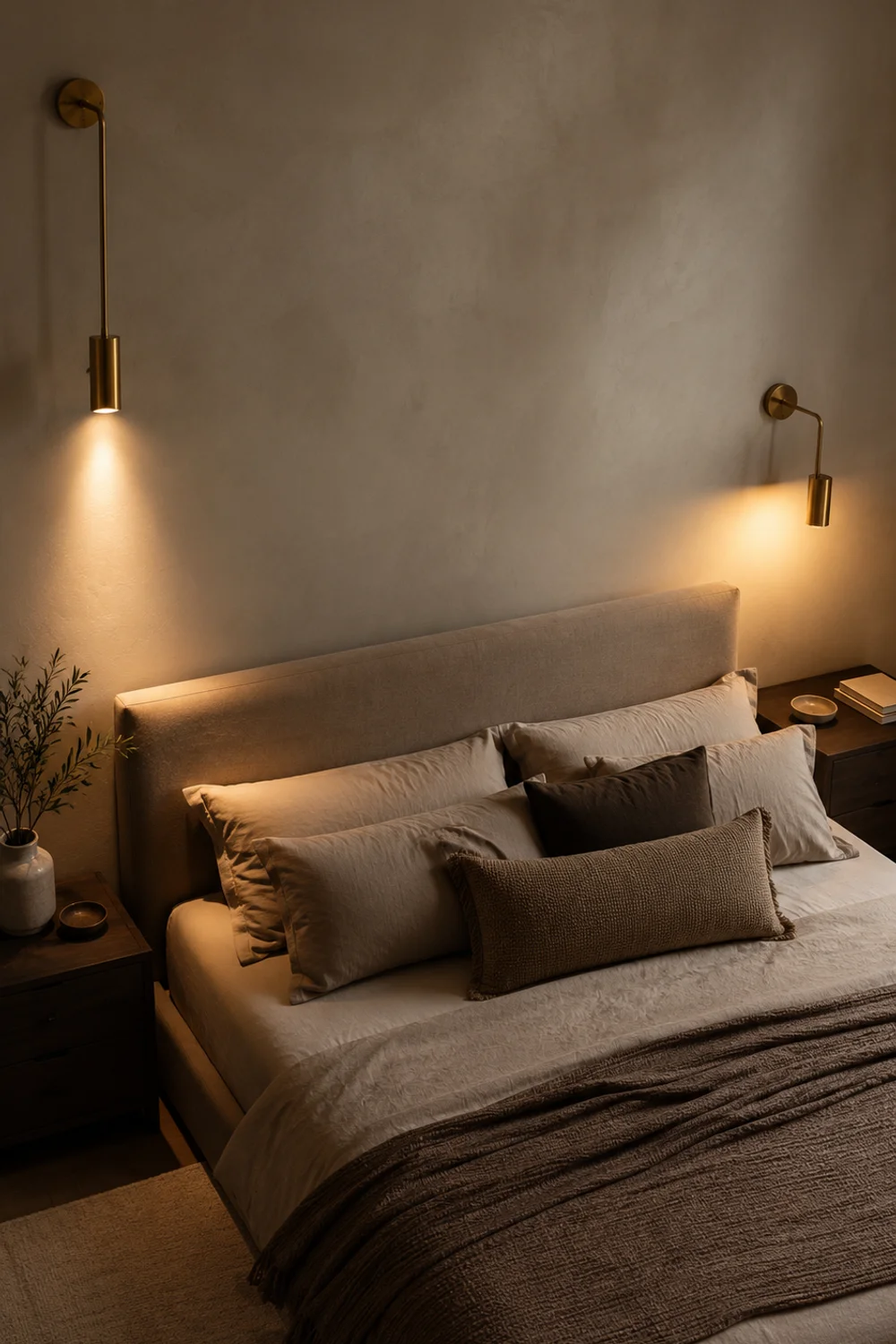 Two matching brass wall sconces mounted at different heights above a bed, showing contrasting light spread