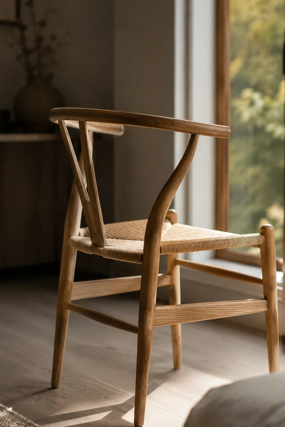 Sculptural solid oak chair with woven cord seat beside a bedroom window