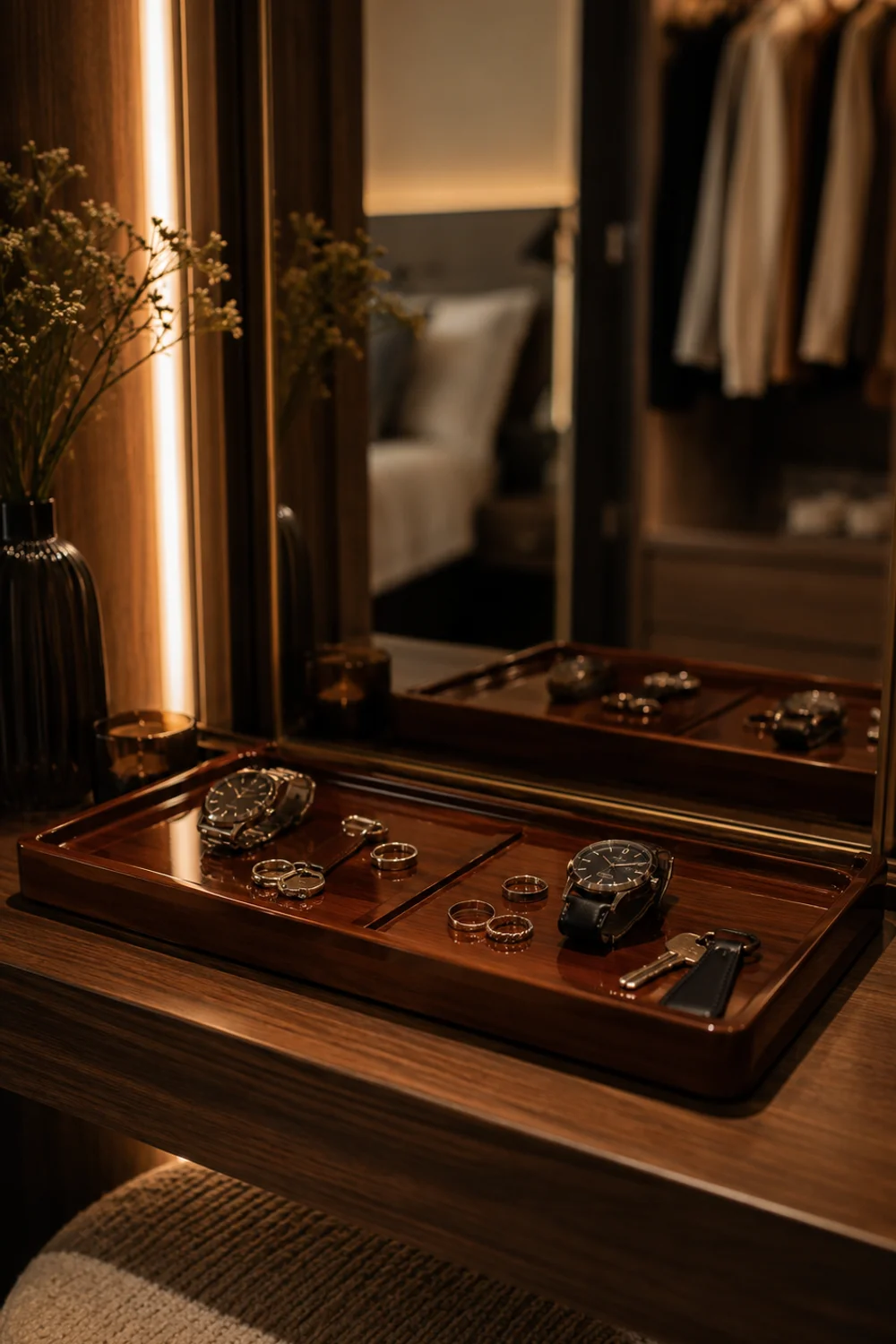 Lacquered wood catchall tray with two compartments on a shared dressing nook counter