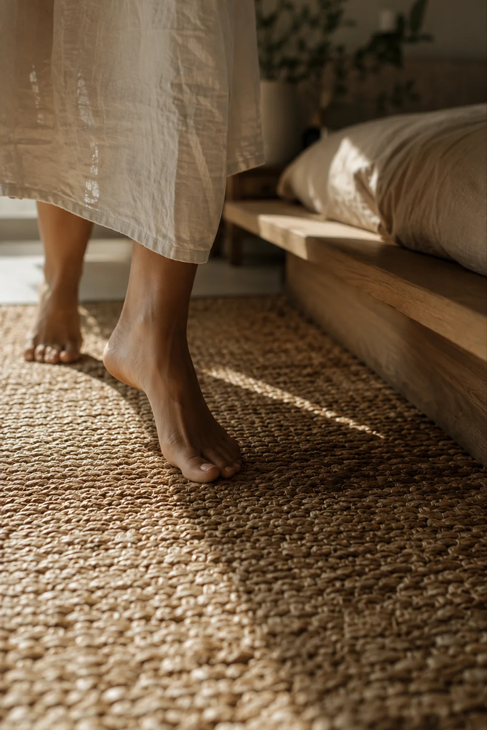 Bare foot stepping onto a sisal and wool blend rug beside a low platform bed