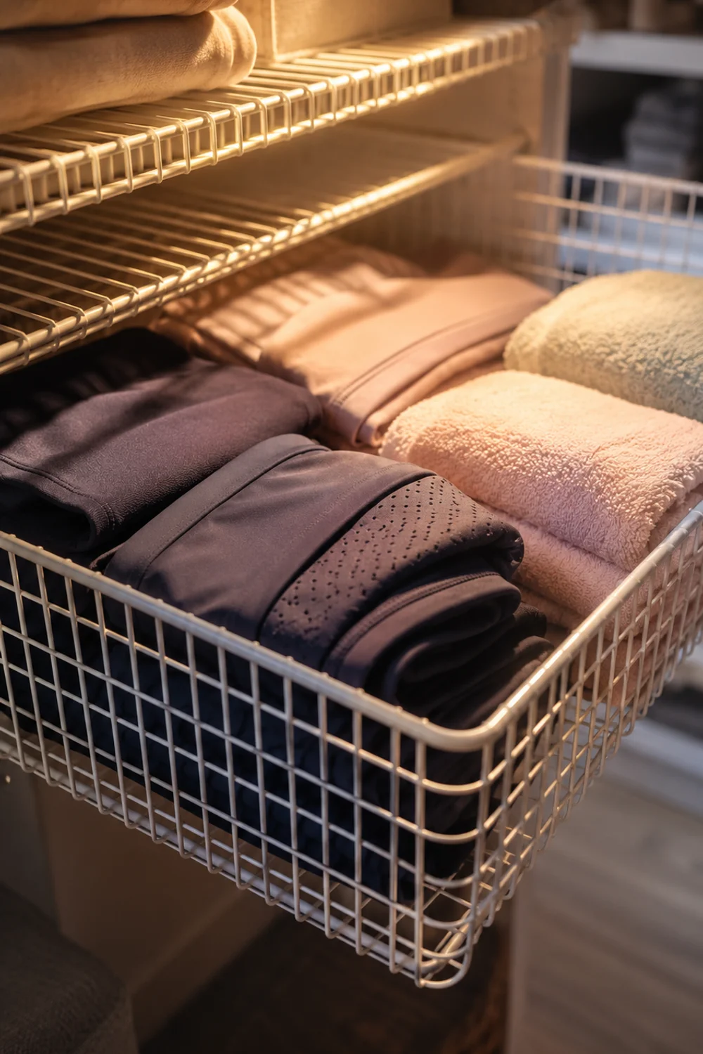 Slide-in wire basket hanging beneath a closet shelf holding folded clothes