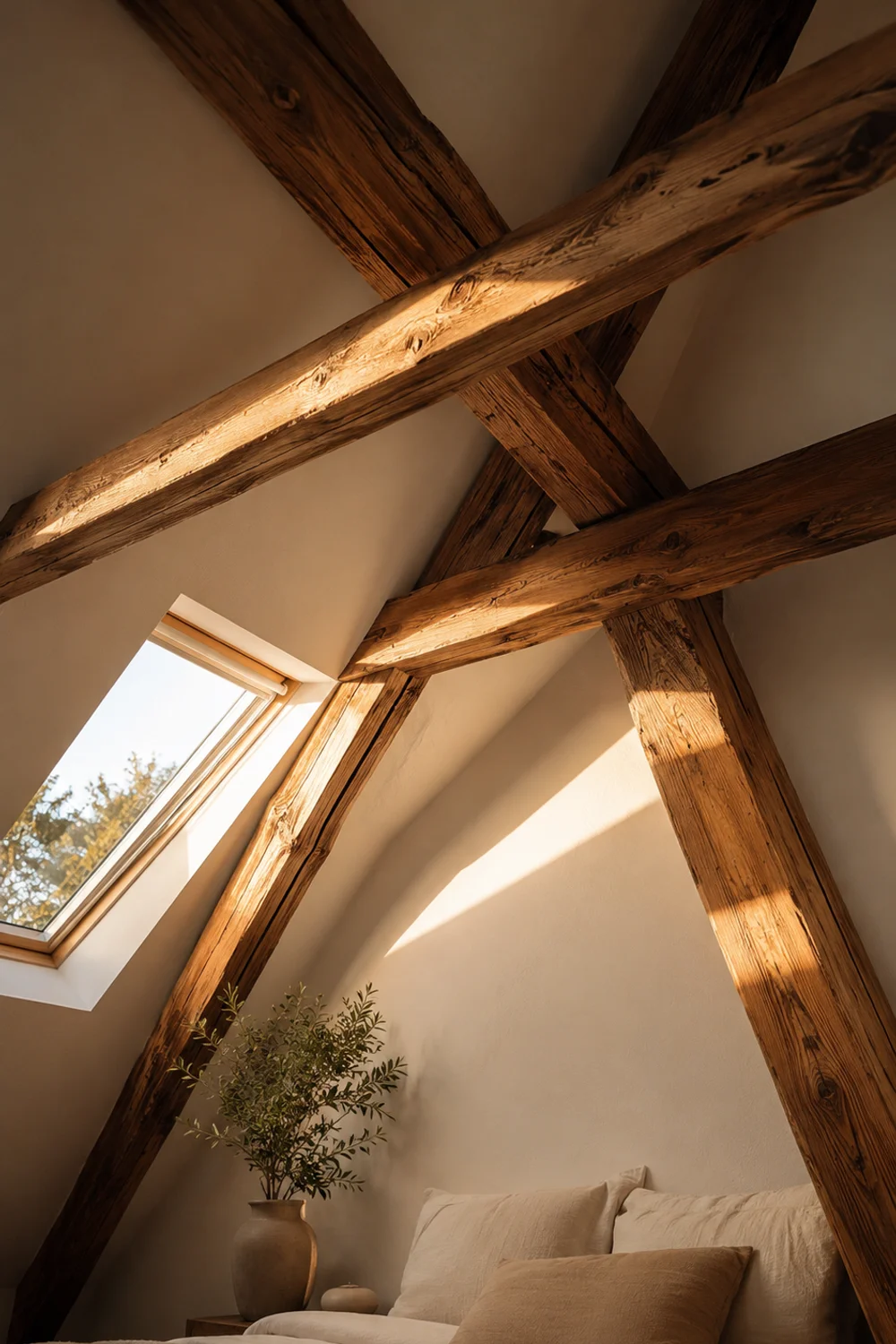 Exposed wood beams on a sloped attic bedroom ceiling with soft daylight