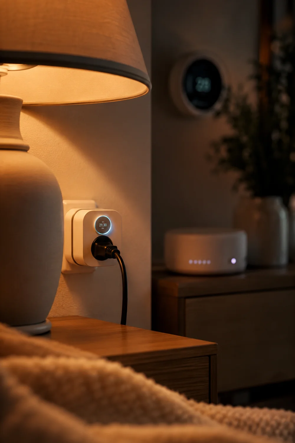 Smart plug controlling bedside lamp during scheduled evening dimming routine