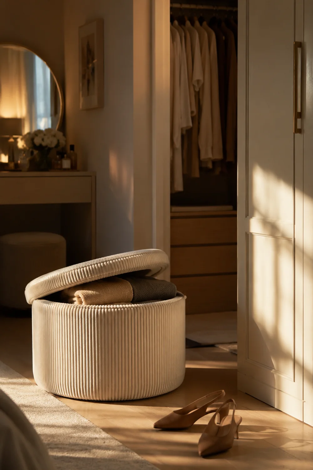 Storage ottoman with hinged lid open beside a bedroom closet