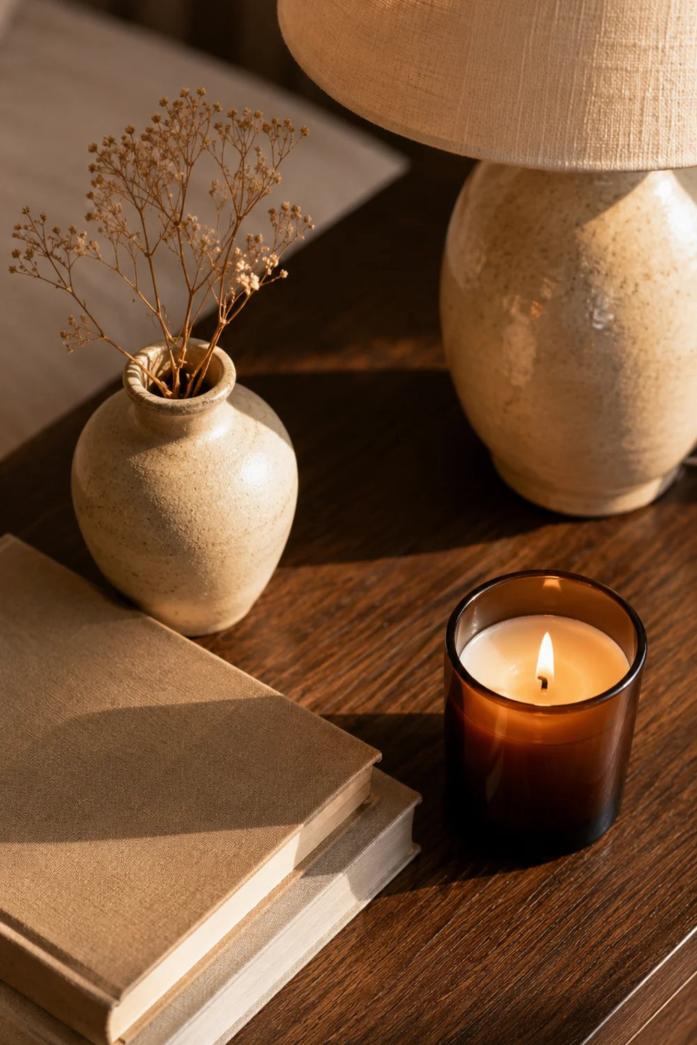 Styled nightstand with ceramic lamp, candle, and books