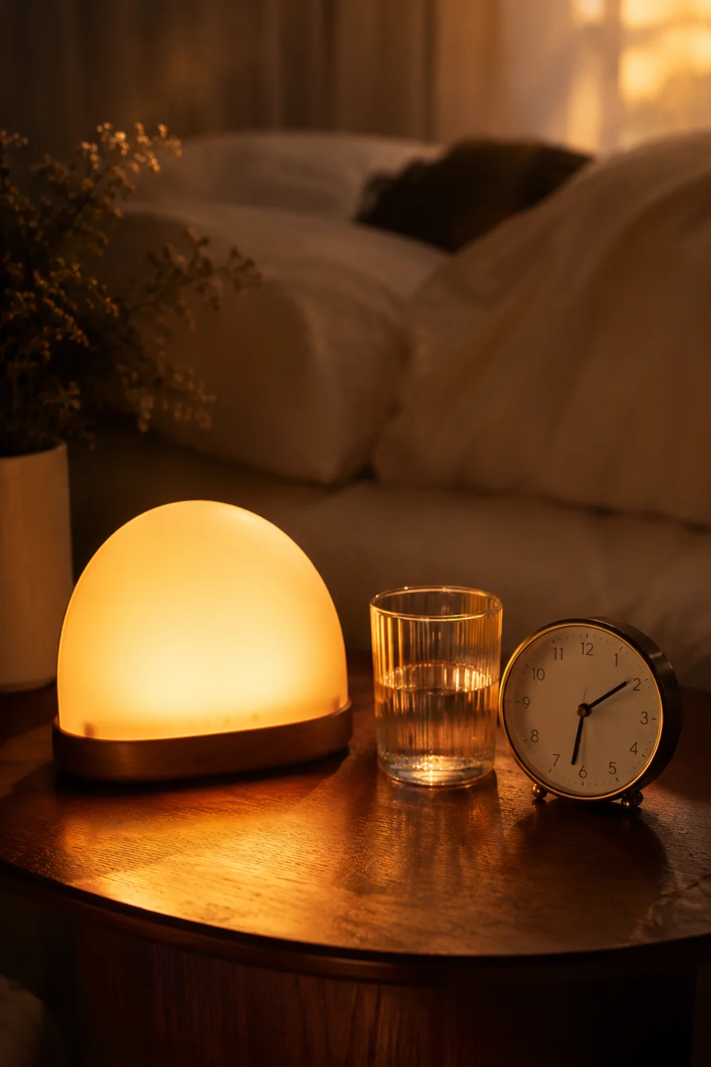 Sunrise simulation alarm light glowing softly on a bedside table at dawn