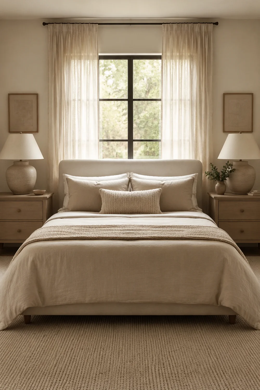 Symmetrical Scandinavian bedroom with matching nightstands on either side of a centered bed