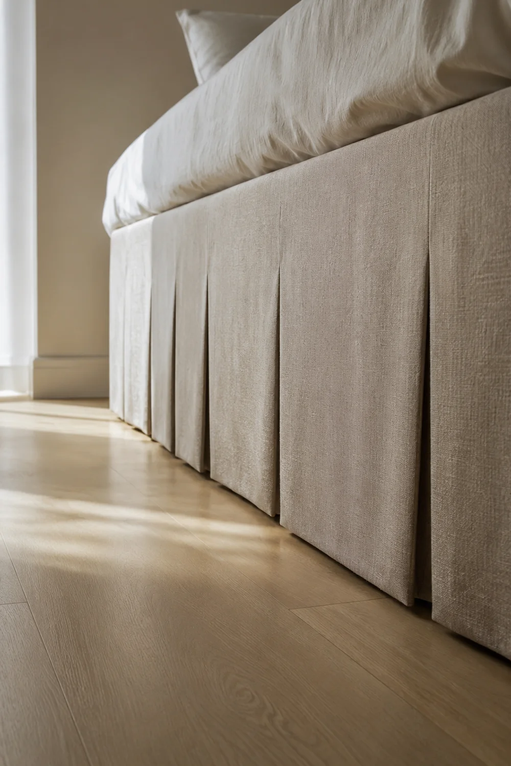 Tailored bed skirt with boxed pleat corners creating a clean unbroken line to the floor