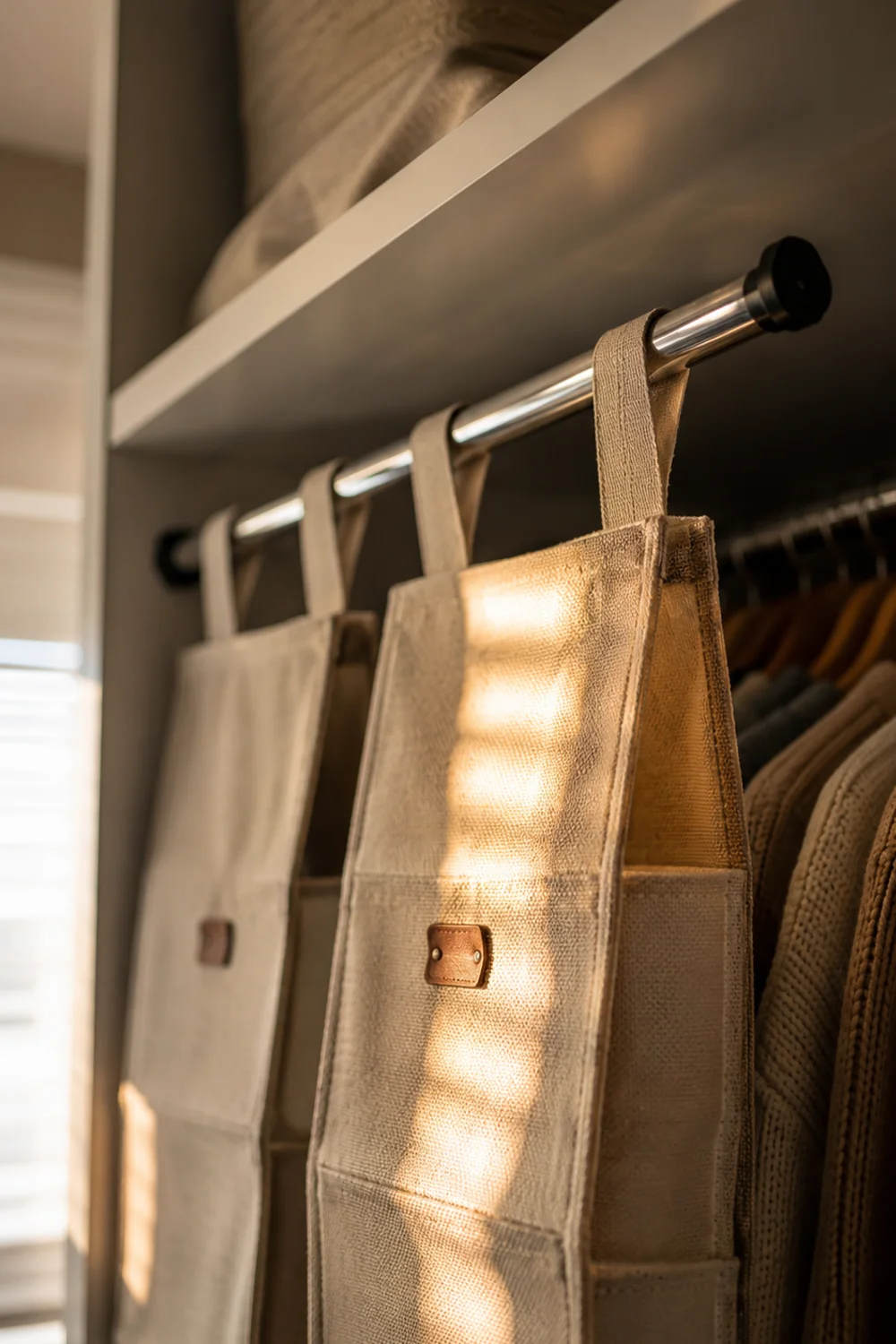 Tension rod installed inside a closet holding canvas hanging storage bins