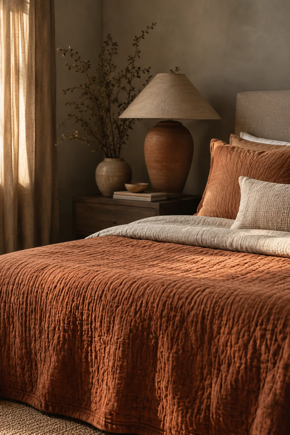 Terracotta and clay-toned bedroom palette with ceramic lamps