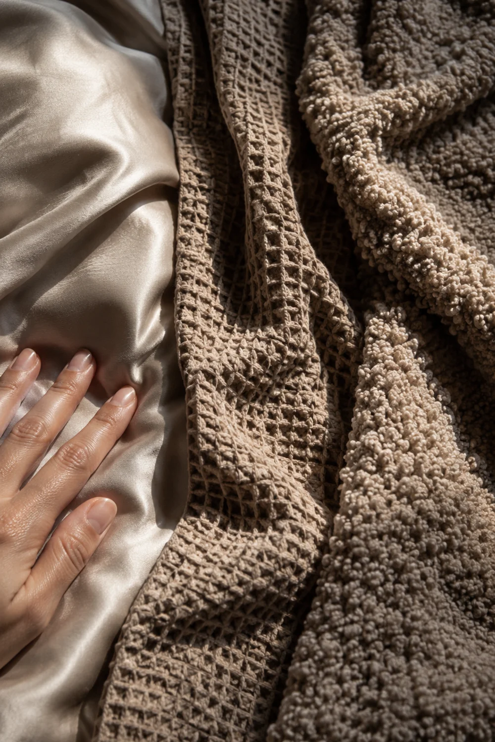Close-up hand touching layered bedding textures from smooth sateen to nubby bouclé