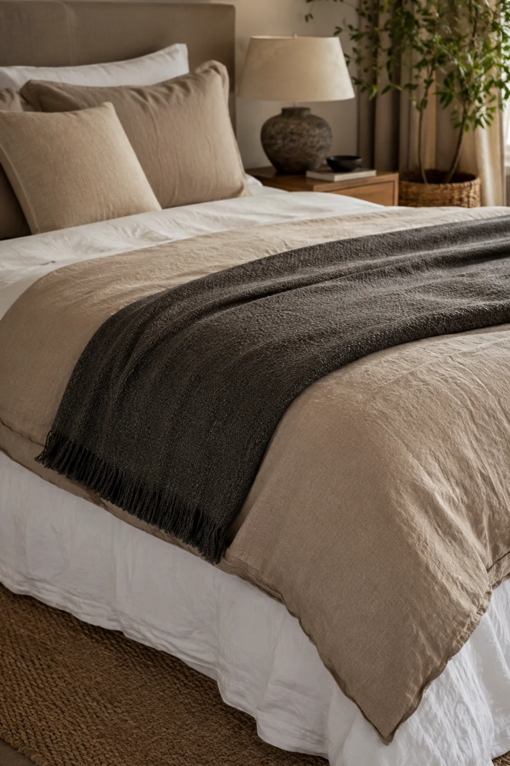Bed styled in tonal gradient layering from white base to charcoal throw