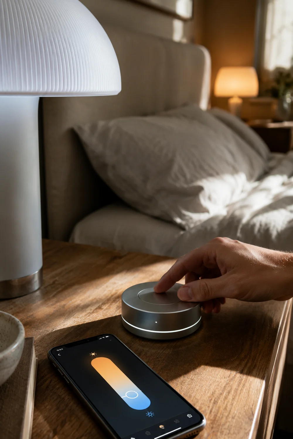 Close-up of a tunable smart bulb lamp showing cool white morning light setting on nightstand