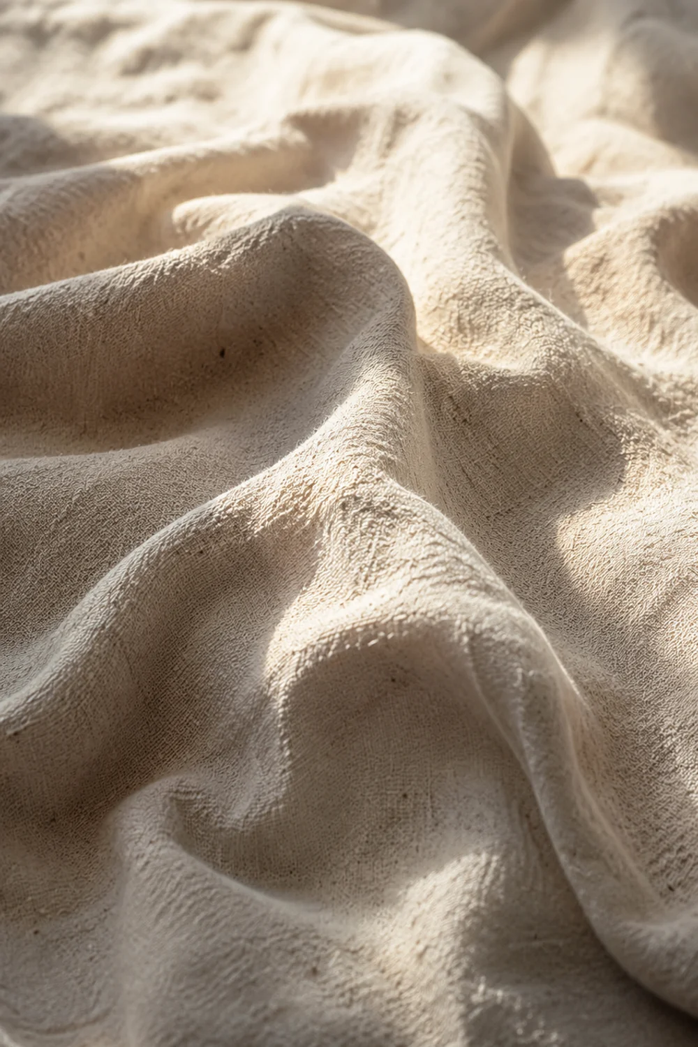 Undyed unbleached cotton blanket texture with natural fiber irregularities on a bed