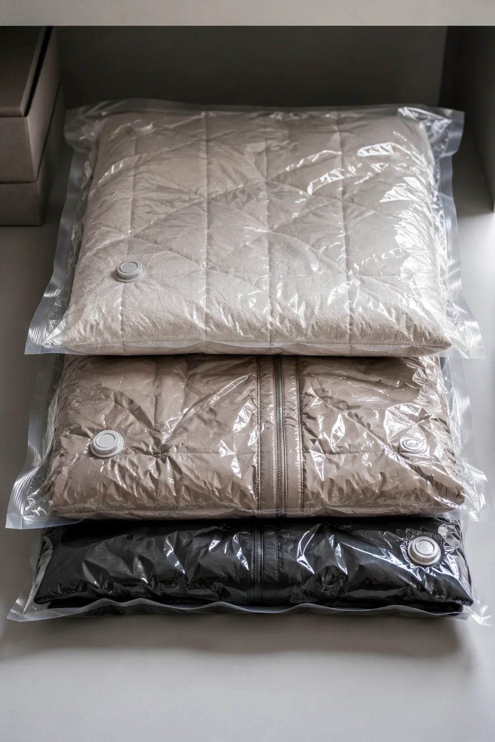 Flat vacuum-sealed storage bags compressing a comforter and jackets on a shelf