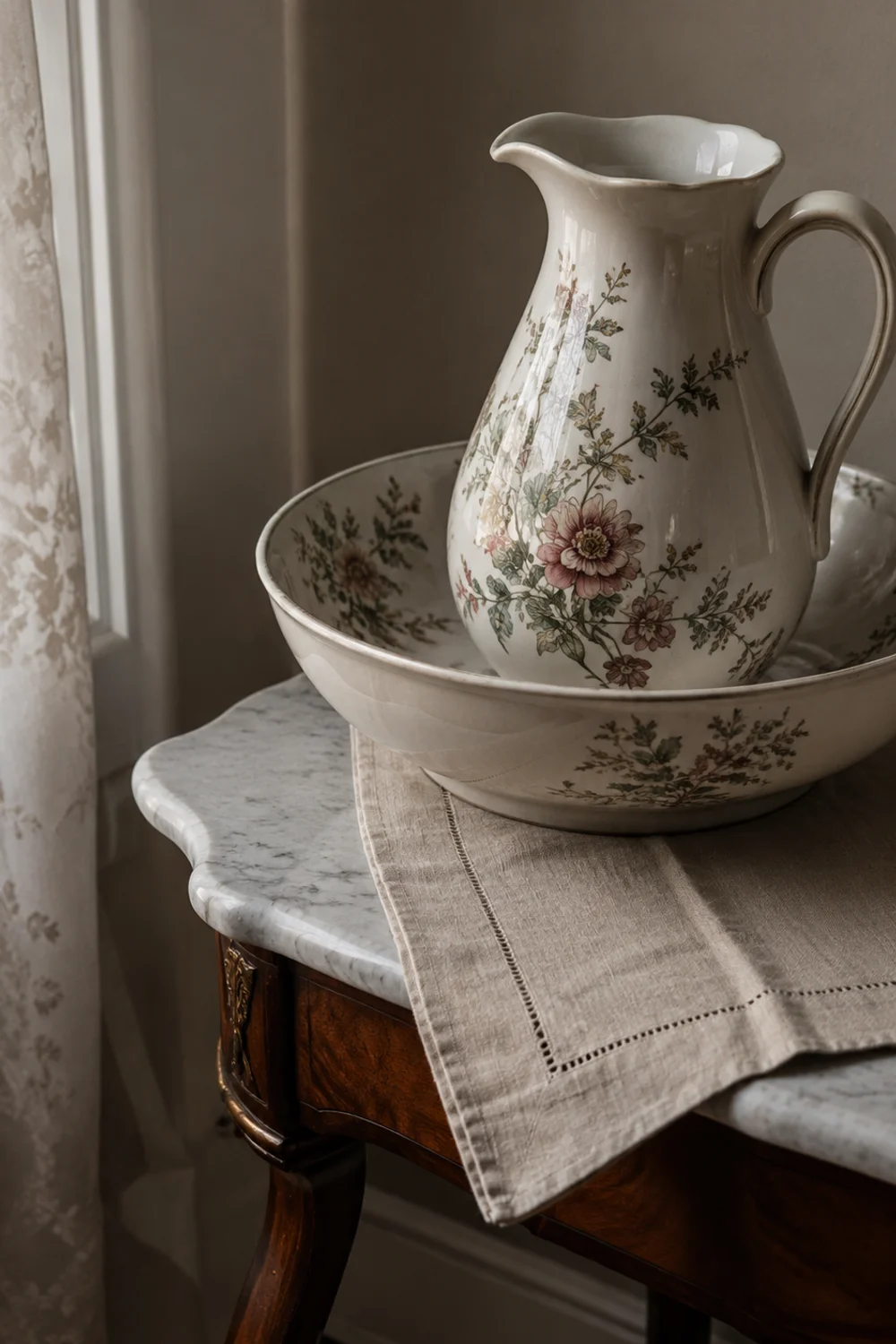Hand-painted ceramic pitcher and basin set on a marble-top side table by a window