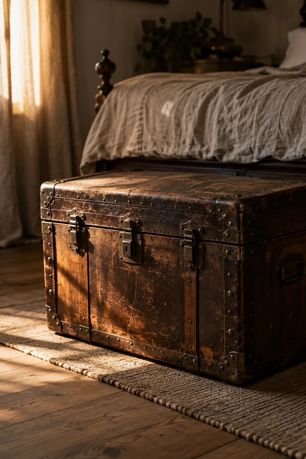 Weathered leather-strap steamer trunk at the foot of a bed, warm afternoon light