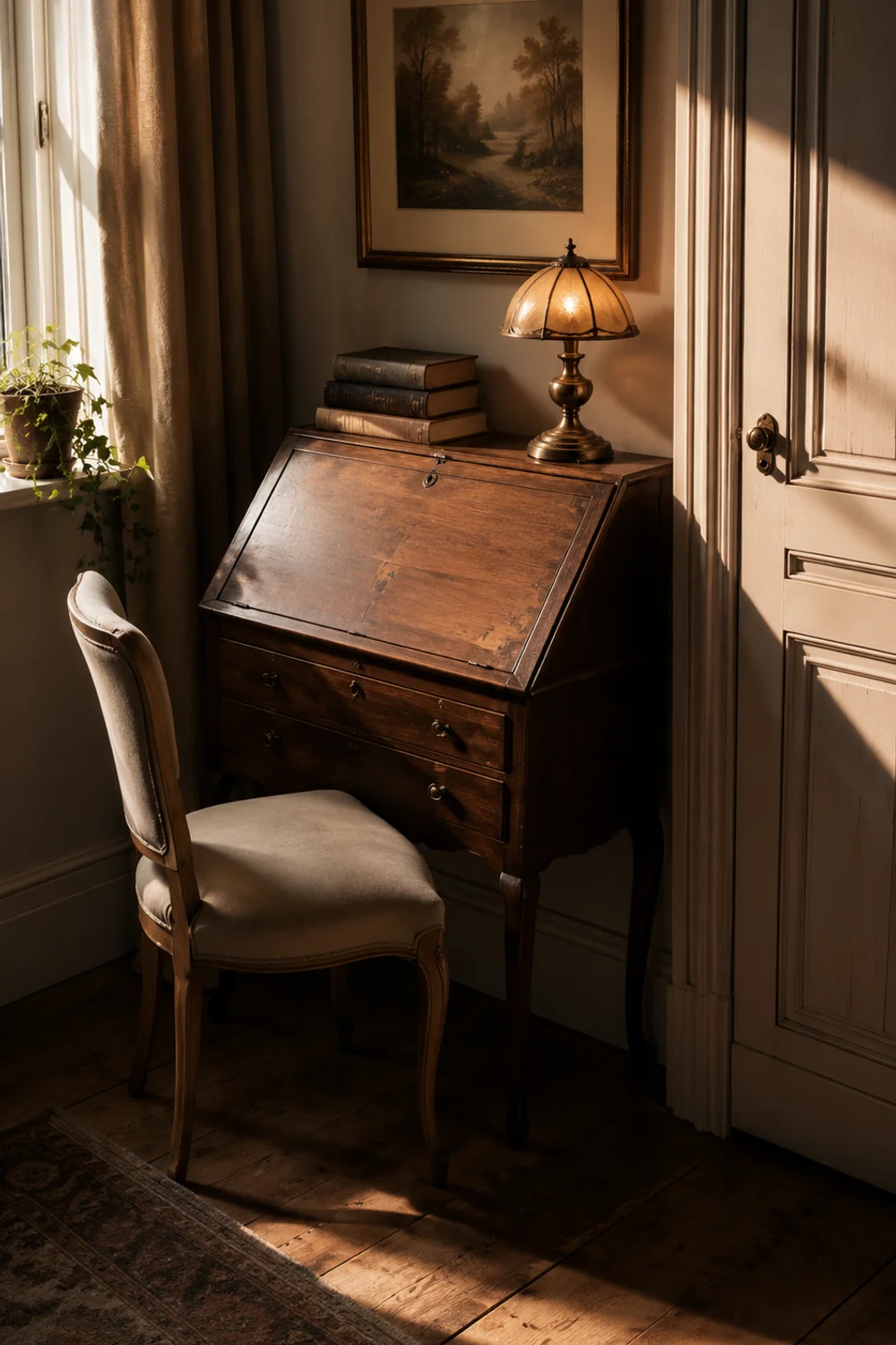 Antique drop-front writing desk with slipper chair tucked into a bedroom corner