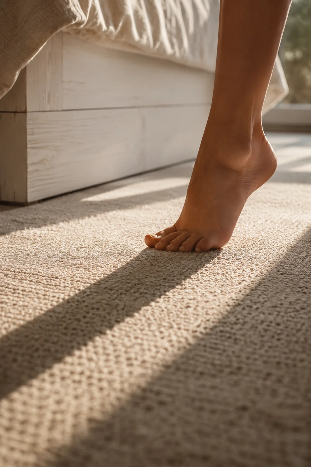 Bare foot stepping onto a low-pile wool wall-to-wall carpet beside a bed