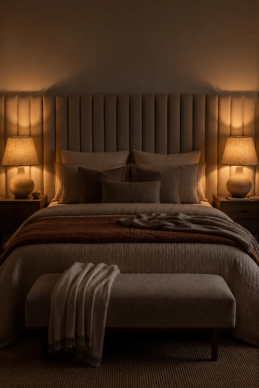 Warm dimmed bedside lamps creating candlelight-like glow