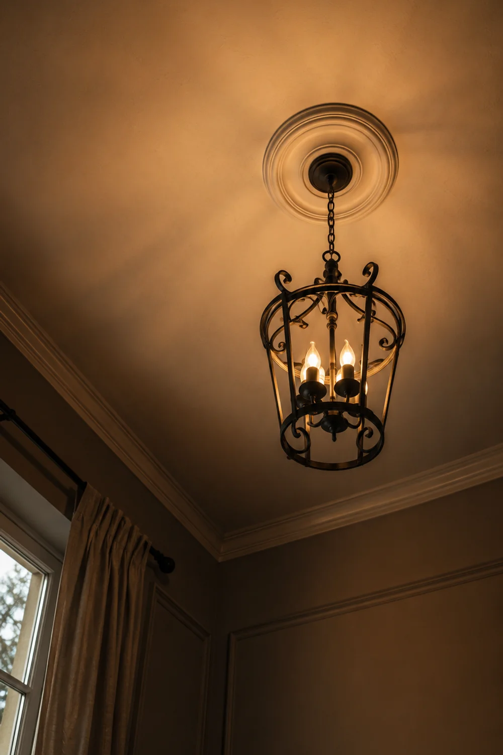 Warm-toned bedroom ceiling with flush mount light fixture viewed from below