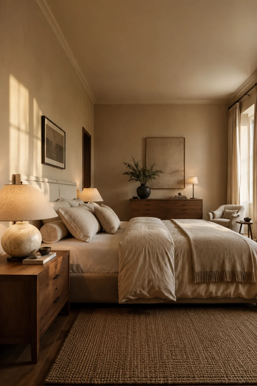 Warm neutral bedroom with layered oat, sand, and taupe tones and an alabaster table lamp