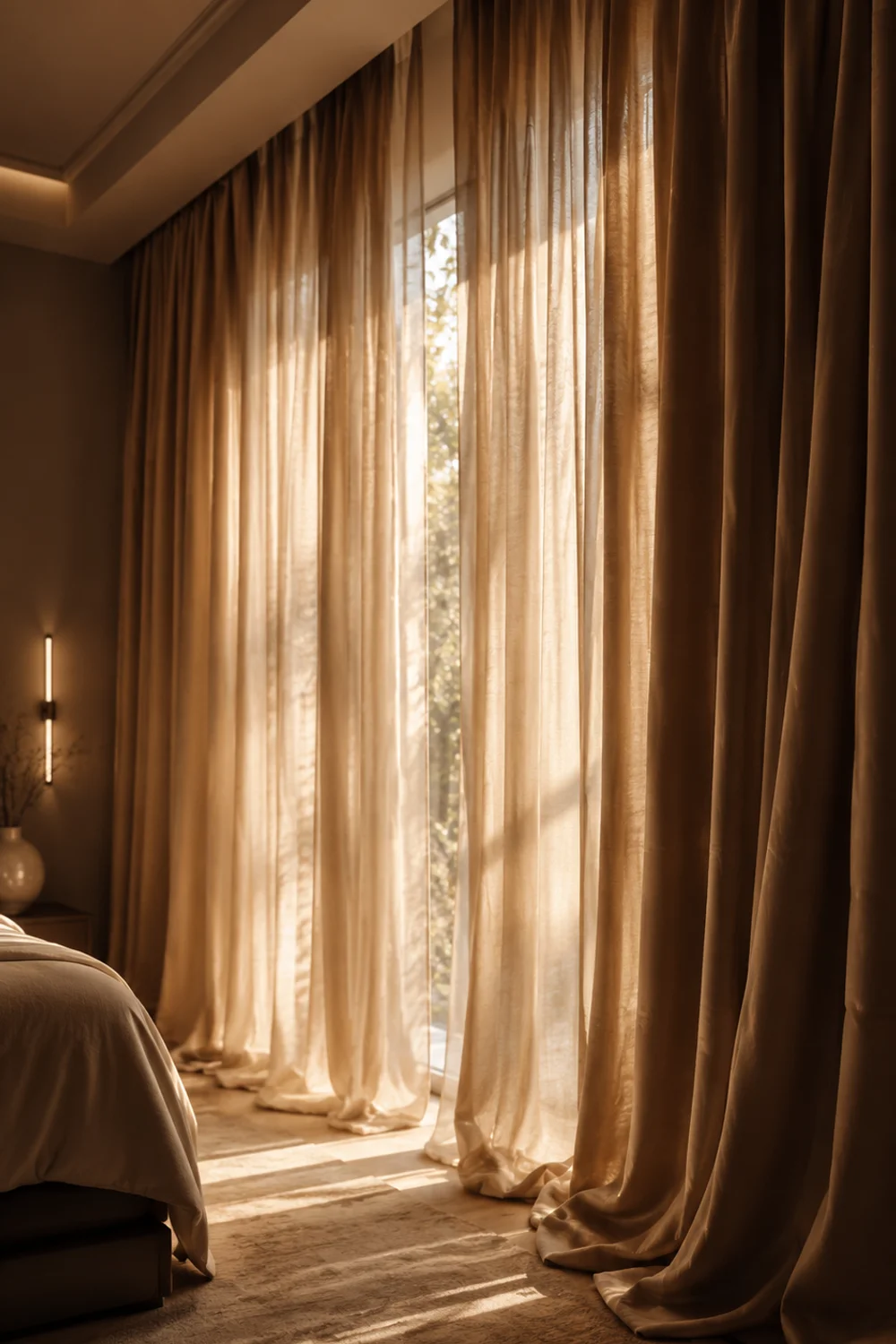 Full length warm taupe velvet curtains draped generously over a bedroom window