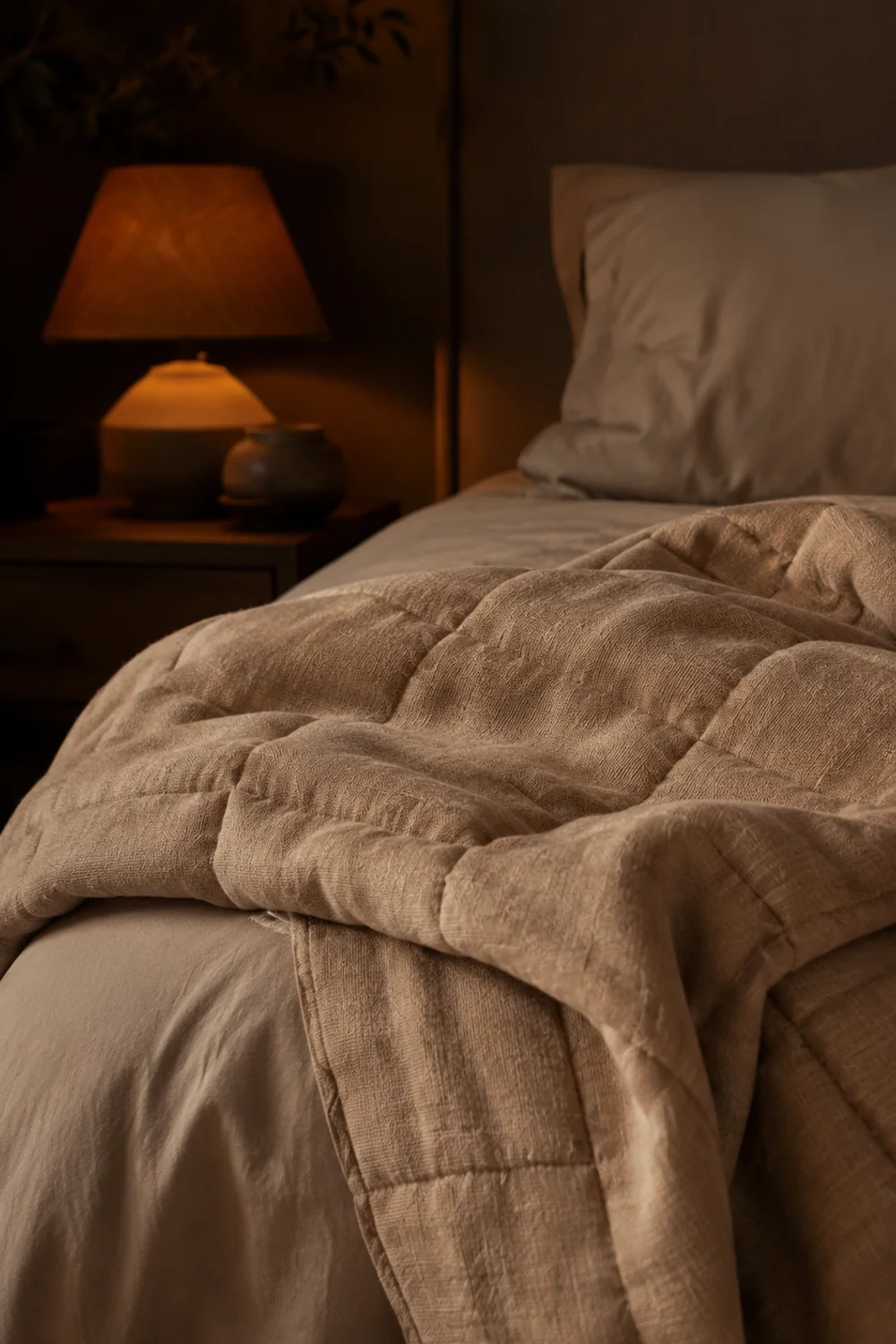 Weighted blanket in warm neutral cotton draped on a bed in soft evening light
