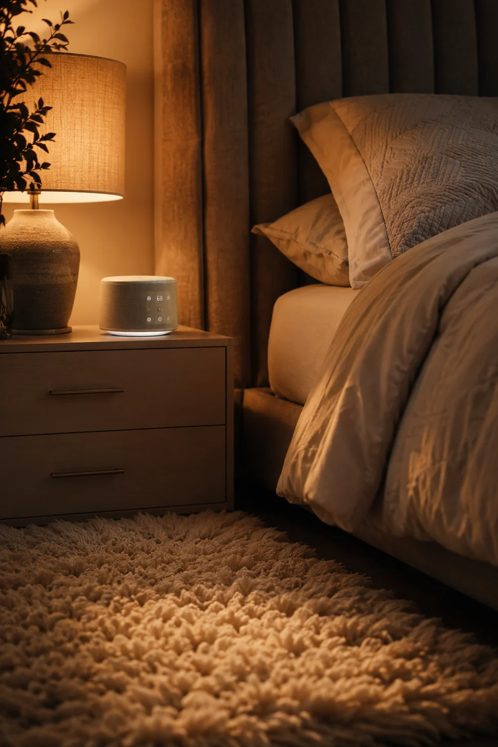 White noise machine on nightstand beside upholstered headboard and thick area rug