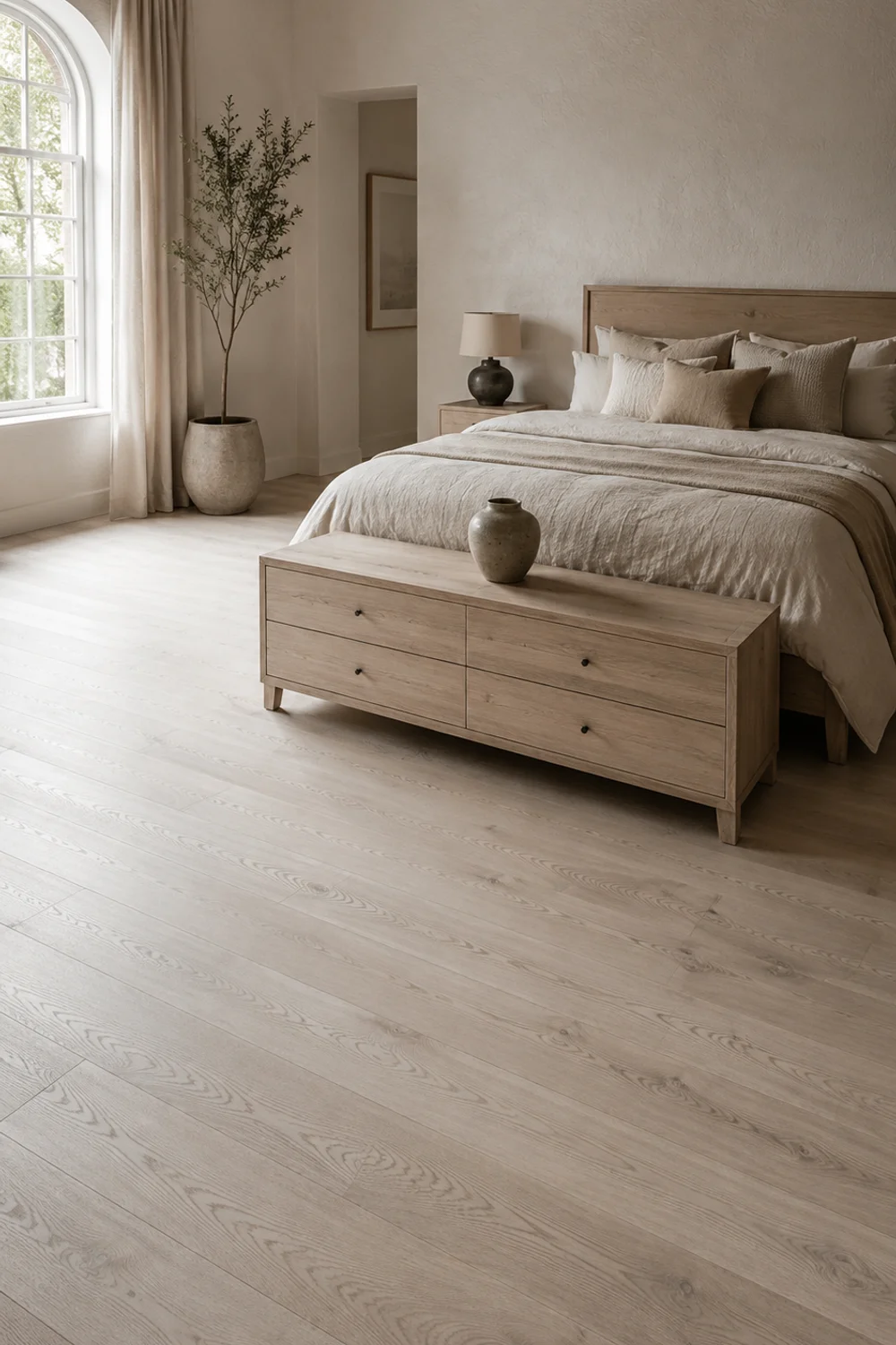 Whitewashed oak flooring and pale wood dresser in a bright Scandinavian bedroom