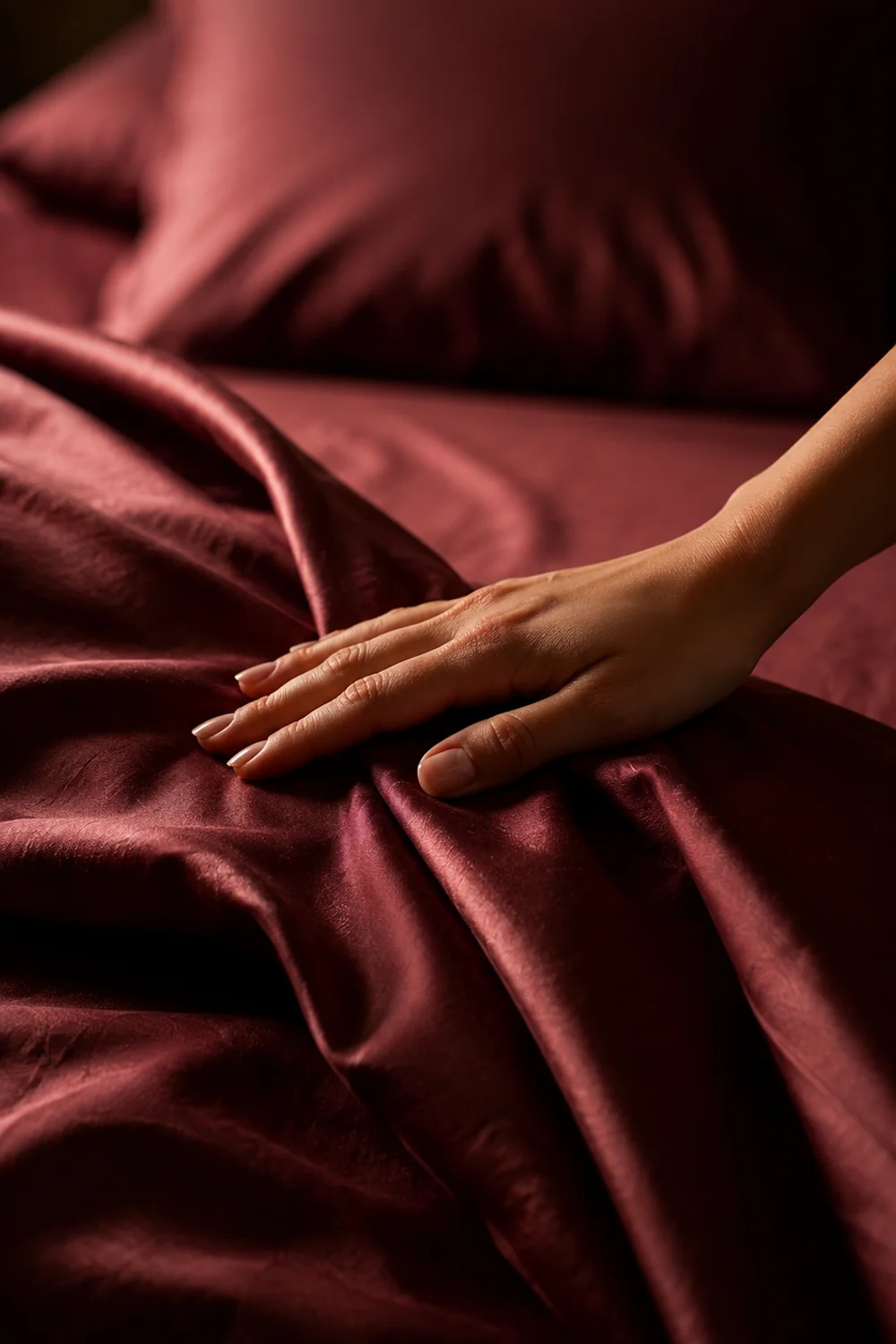 Close-up of brushed cotton sateen sheets in deep wine tone with hand touching the fabric