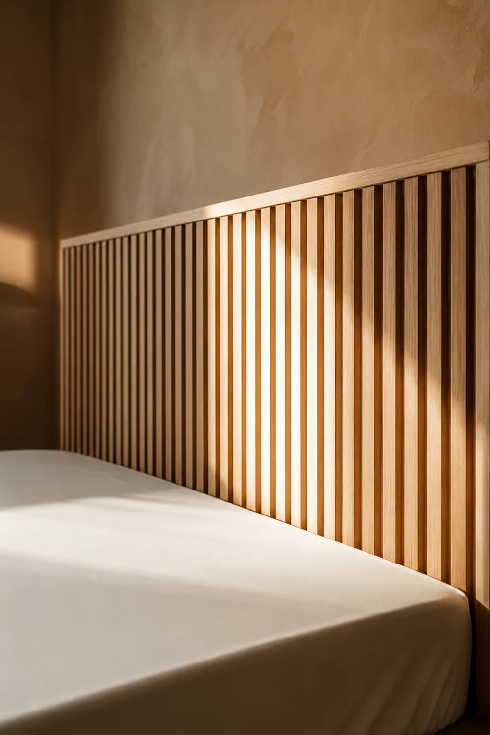 Natural wood slat panel headboard with crisp taut fitted sheet as bedding foundation