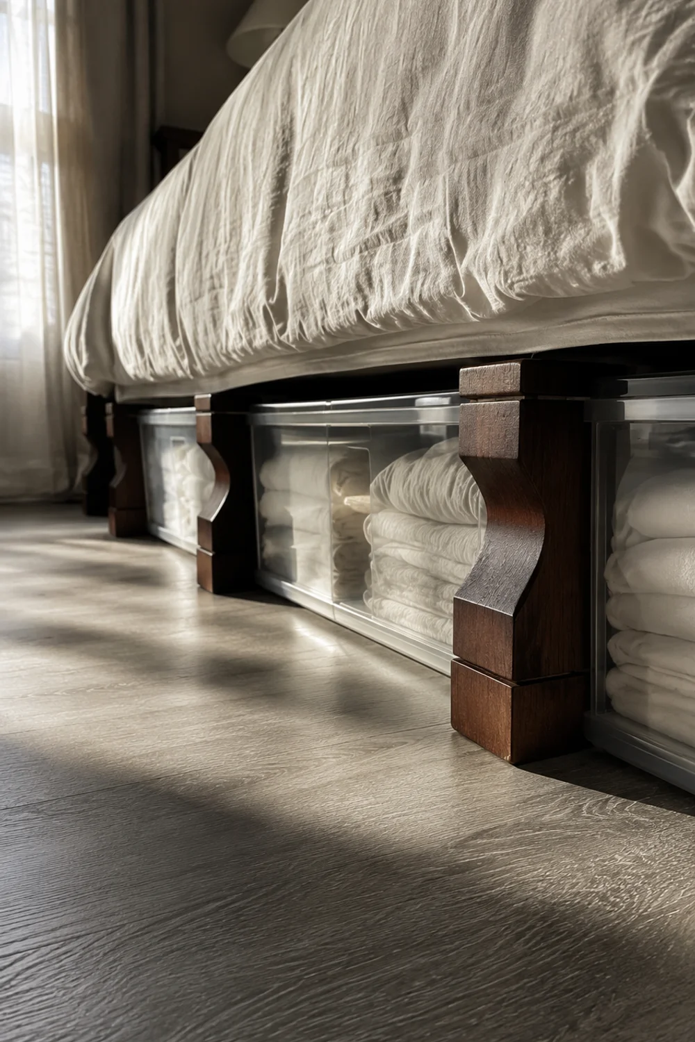 Wooden bed risers lifting a bed frame to reveal storage bins underneath