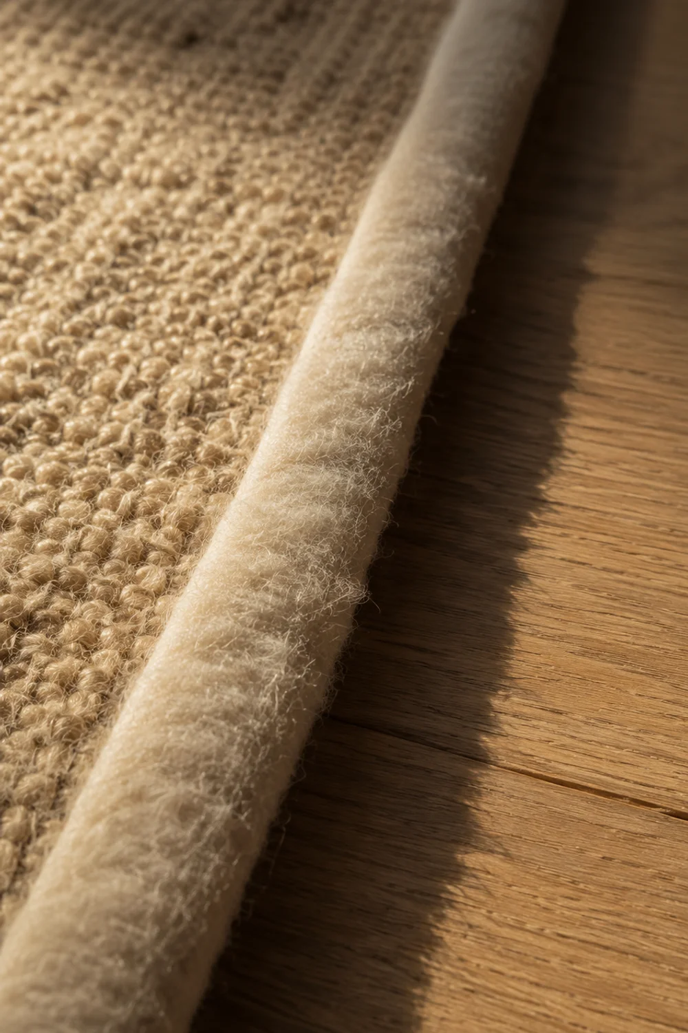 Natural undyed wool felt transition strip between rug and wood floor